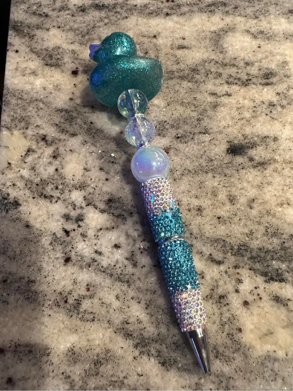 Hand Crafted Teal Glitter Duck Topper Crystal Ballpoint Pen